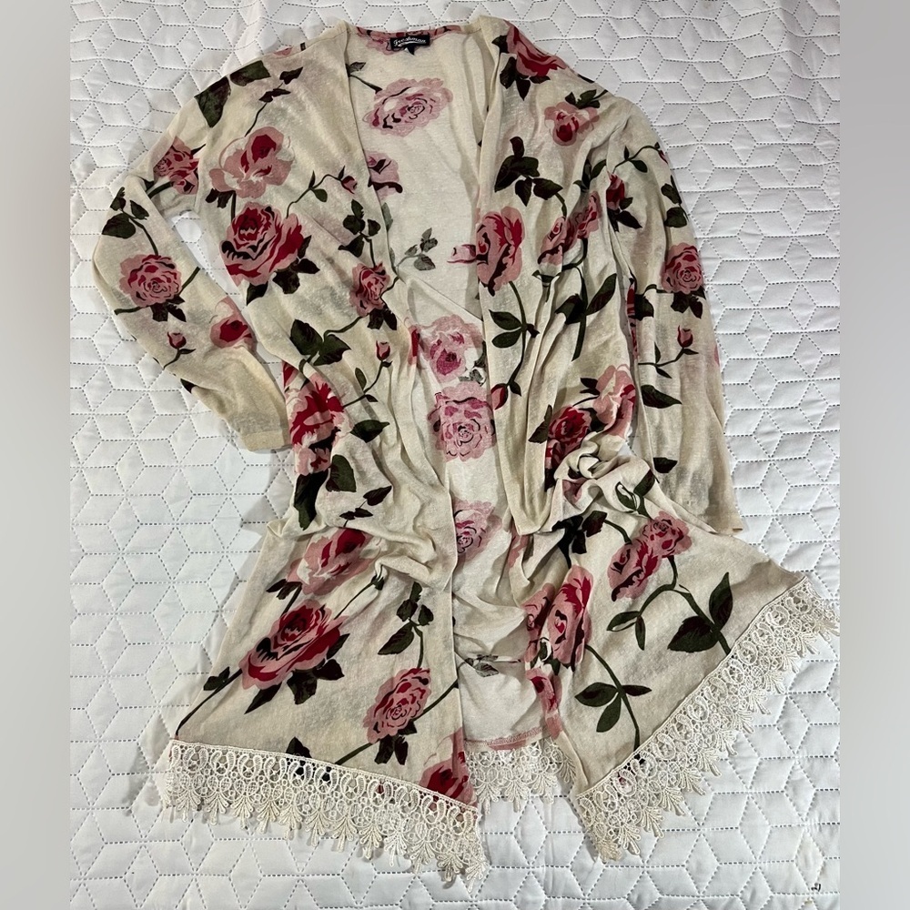 Freshman 1996 Floral Lace Trim Open Front Cardigan Boho Drop Shoulder Size L